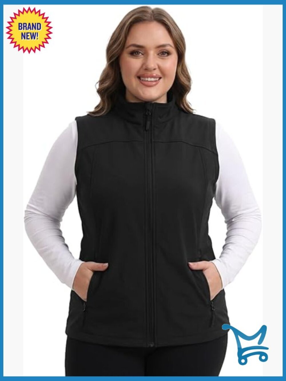 Plus Size Softshell Fleece Lined Vest, Windproof Zip Up Sleeveless Jacket,